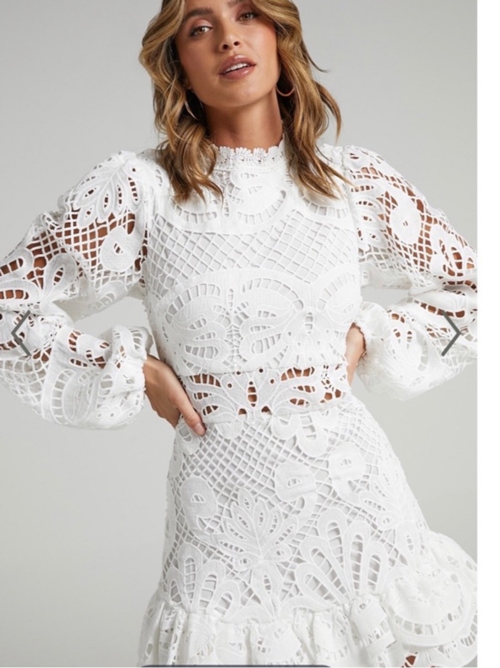 Showpo Kiss Me Now Dress White Lace Eyelet puff sleeve Dress Size 12 New - Picture 8 of 15